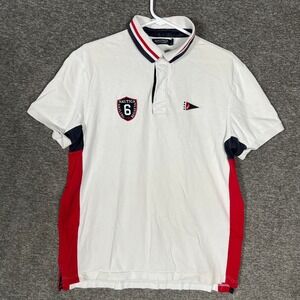 Nautica Rugby Shirt Mens White Polo Sailing Regatta Size L Flag Logo Trim‎ Fit